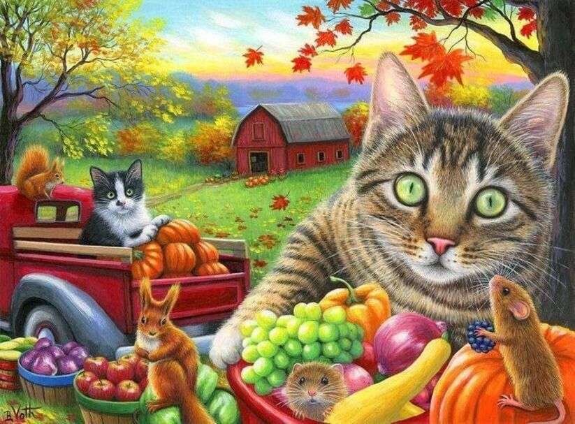 Kocięta zbierają świeże owoce puzzle online