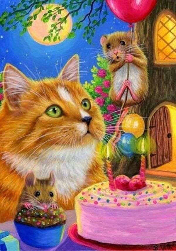 Kotek ze swoim ciastem w świetle księżyca puzzle online