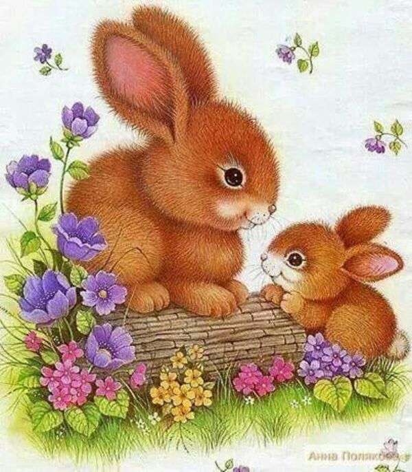 Słodkie króliczki na pniu drzewa puzzle online