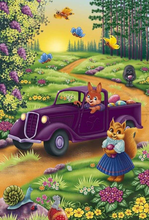 Królik patrzący na małą wiewiórkę w swoim samochodzie puzzle online
