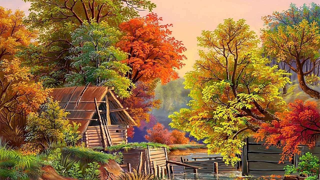 Outono na floresta à beira do rio quebra-cabeça