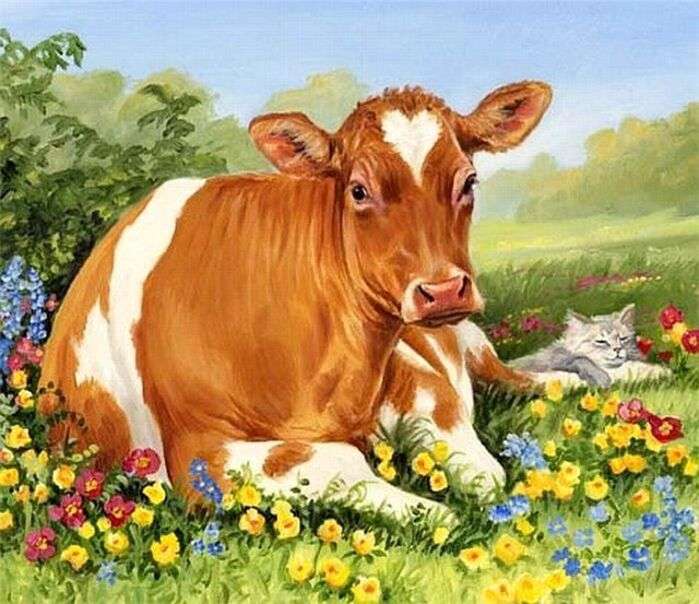 Piękna krowa na polu puzzle online