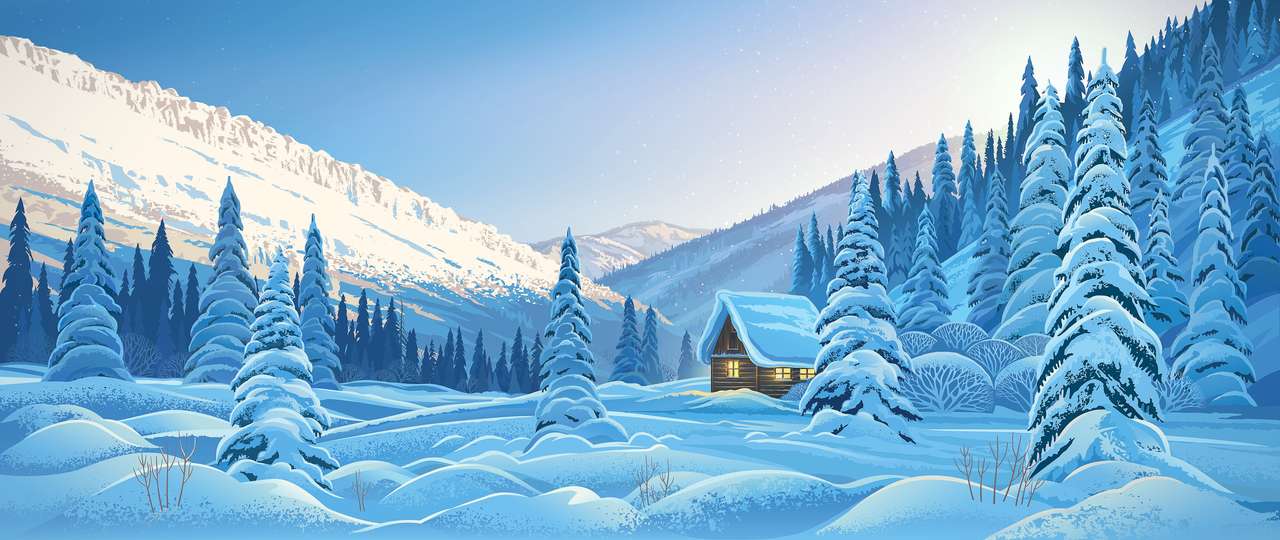 Zimowy krajobraz górski z chatą puzzle online