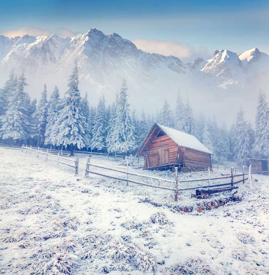 Stare gospodarstwo w mglistych zimowych górach. puzzle online