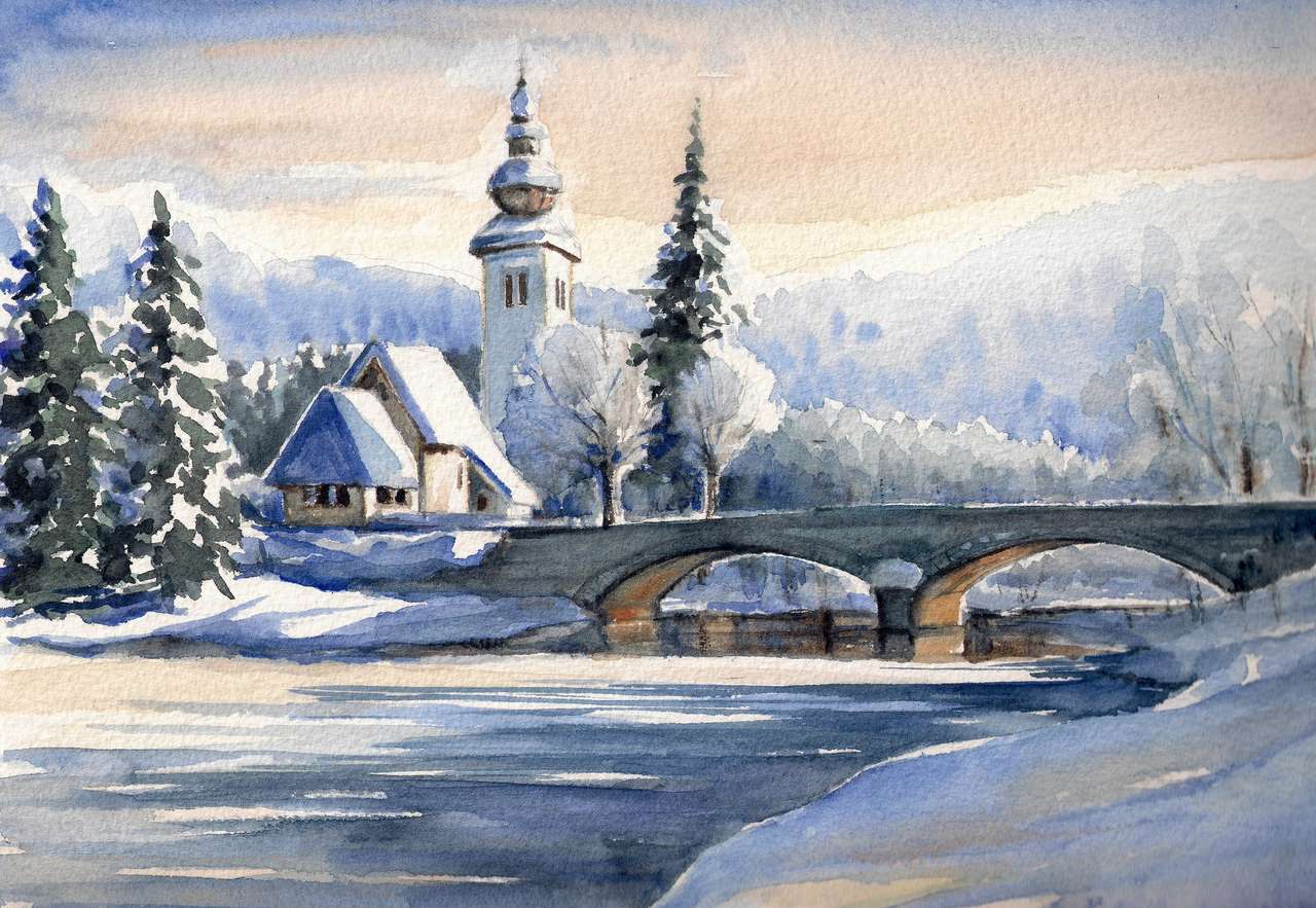 Kościół i most nad rzeką w Bohinj, Słowenia puzzle online