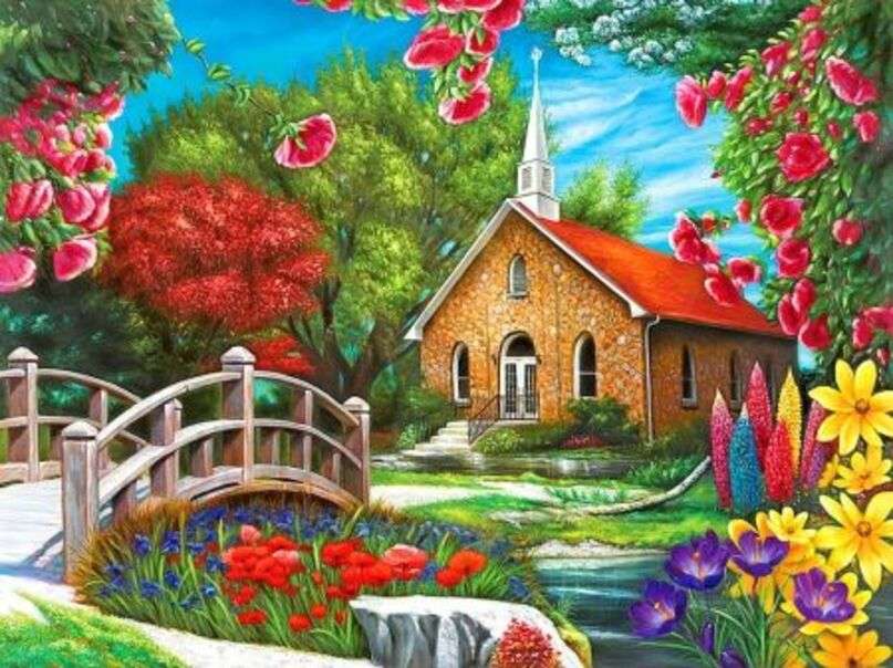 Krajobraz #55 - Uroczy kościół otoczony kwiatami puzzle online