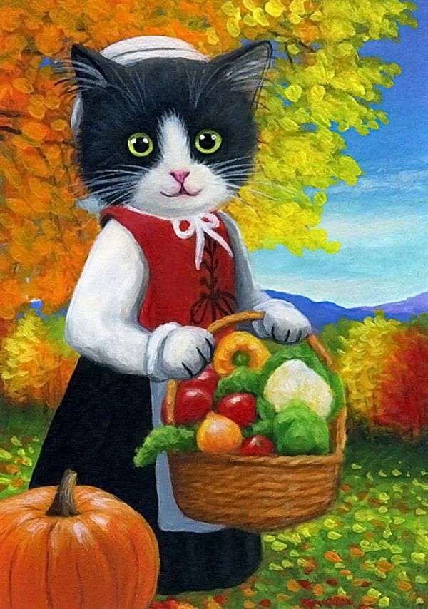 Kotek z koszem świeżych warzyw puzzle online