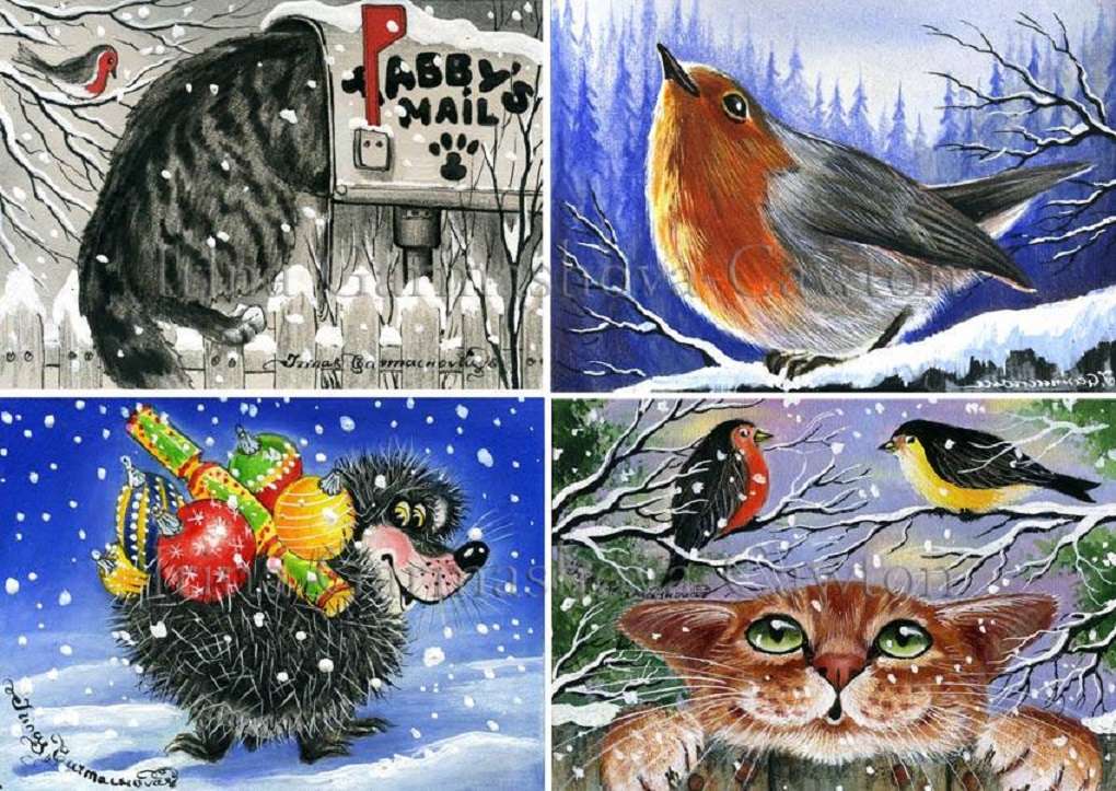 bożonarodzeniowy meli-melo; jeż, koty, rudzik. puzzle online