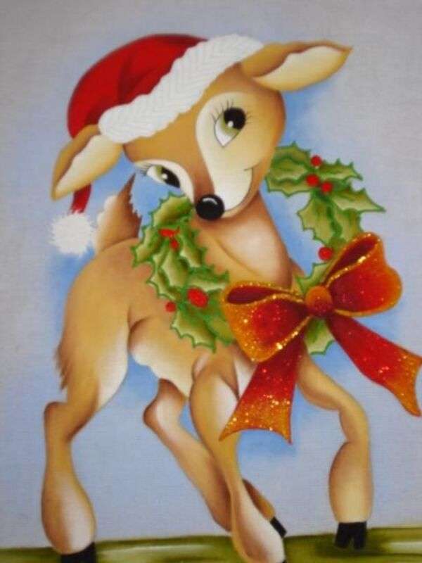 Boże Narodzenie # 25 - Bambi ze swoją świąteczną czapką i kokardką puzzle online