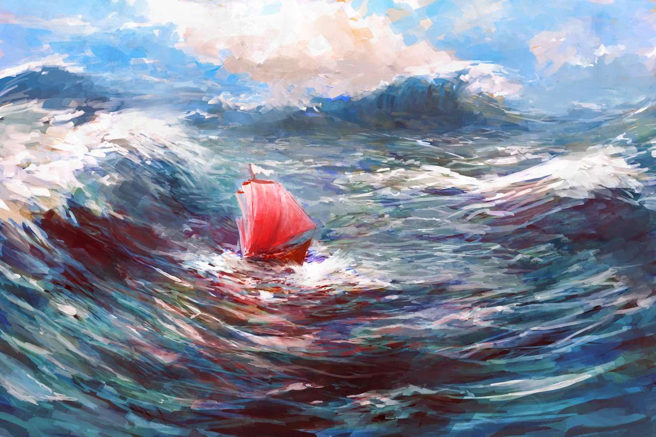 Statek z czerwonymi żaglami podczas sztormu na morzu puzzle online