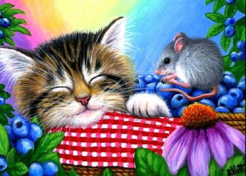 Mała myszka patrzy na śpiącego kotka puzzle online