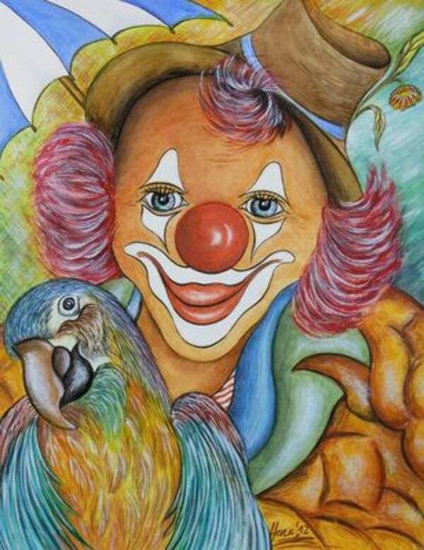 Uśmiechnięty klaun ze swoją papugą puzzle online
