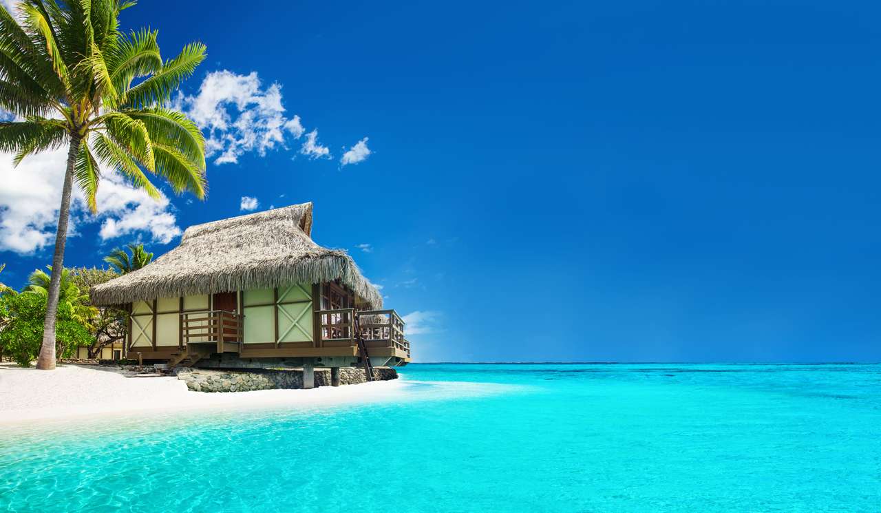 Tropikalny bungalow na niesamowitej plaży z palmą puzzle online