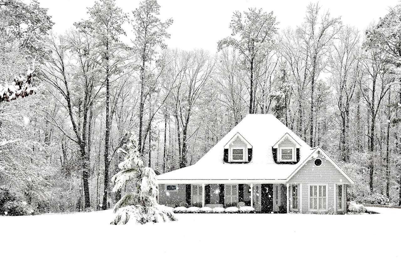 Mroźna i zimna scena zimowa z domem wykonawczym puzzle online