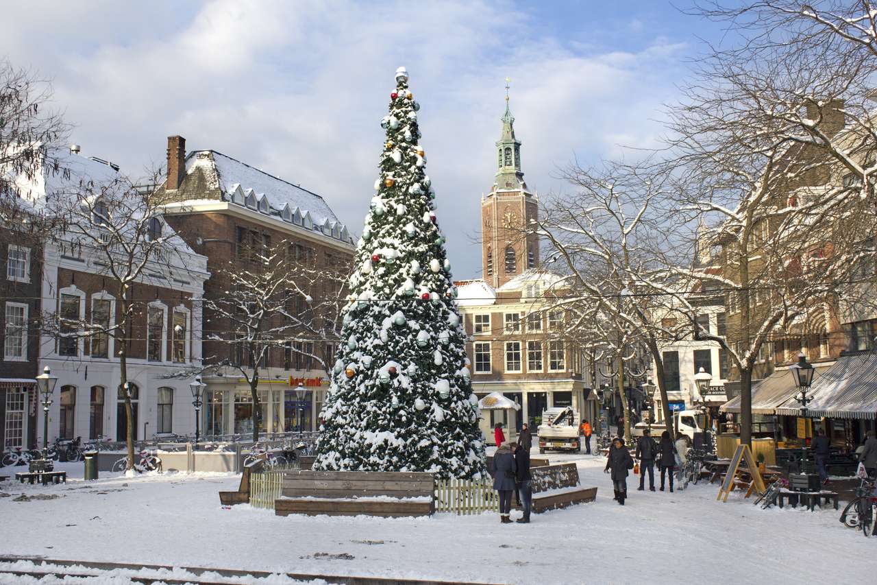 Gran árbol de Navidad en la nieve en La Haya rompecabezas