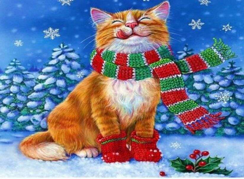 Boże Narodzenie # 28 - Kotek w śniegu z szalikiem puzzle online