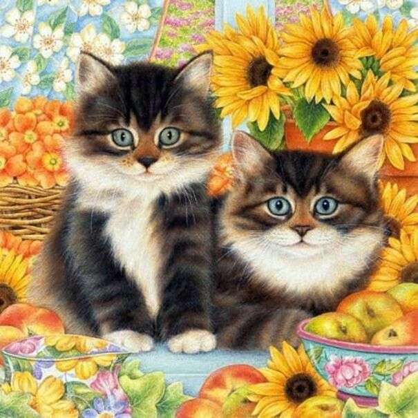 Piękne kocięta otoczone słonecznikami puzzle online