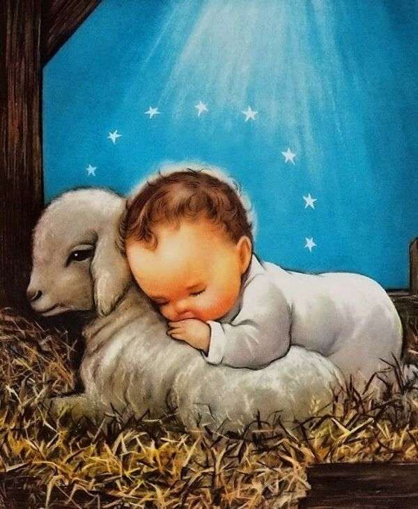 Boże Narodzenie # 30 - Mały chłopiec Bóg śpi na małych owcach puzzle online