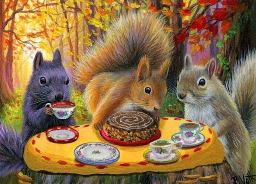 Małe wiewiórki w lesie pijące kawę puzzle online