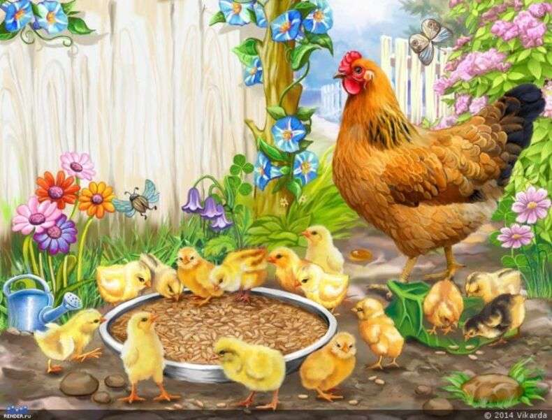 Matka kura dba o to, żeby jej pisklęta jadły puzzle online