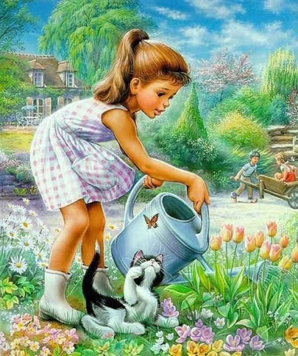 Śliczna mała dziewczynka podlewa kwiaty puzzle online