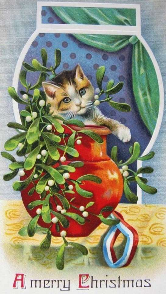 Boże Narodzenie # 39 - Kotek w doniczce życzy Wesołych Świąt puzzle online