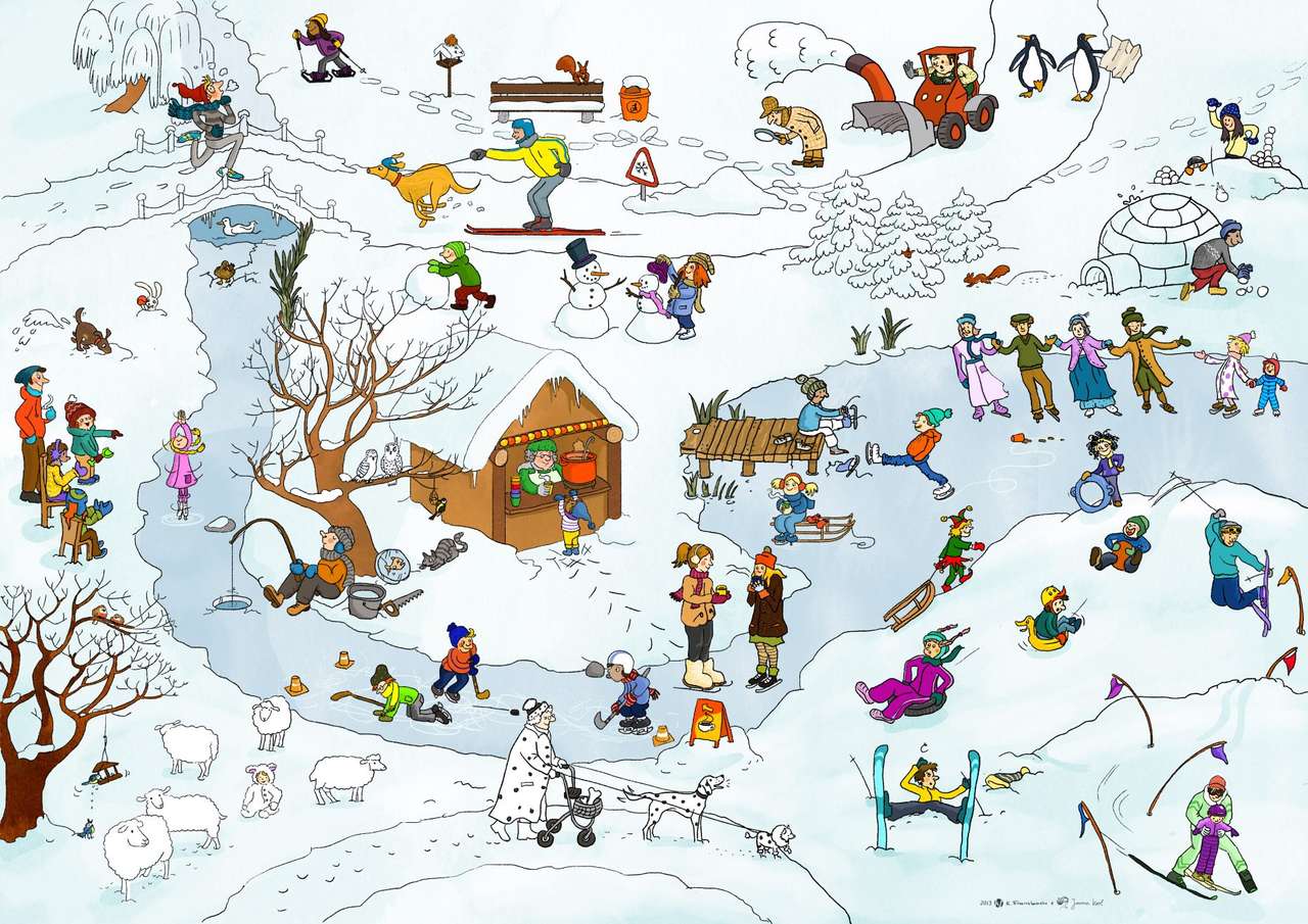 Zimowy krajobraz z ludźmi puzzle online