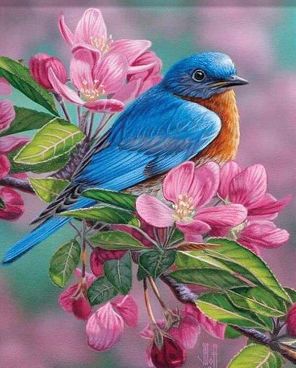 Piękny mały ptaszek na gałęzi kwiatu puzzle online