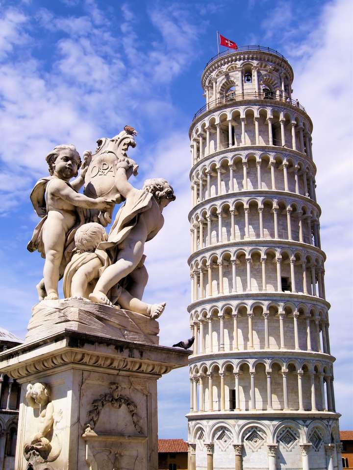 Słynna Krzywa Wieża w Pizie i posąg cheruba puzzle online