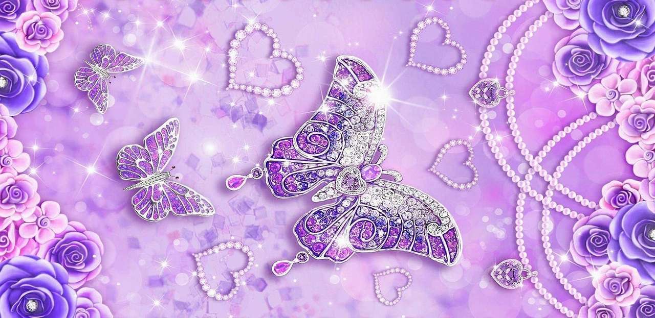 Kryształy, róże i motyle, odcienie fioletu puzzle online