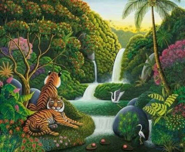 Piękne tygrysy w pobliżu wodospadu puzzle online