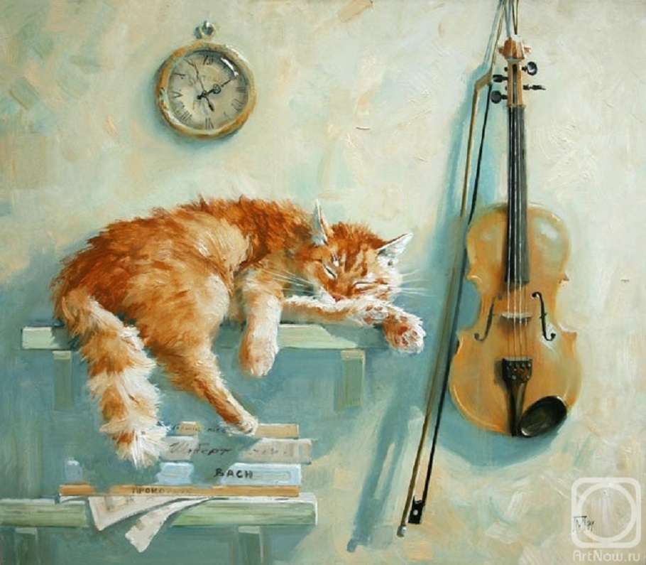 „Martwa” natura: rudy kot i skrzypce puzzle online