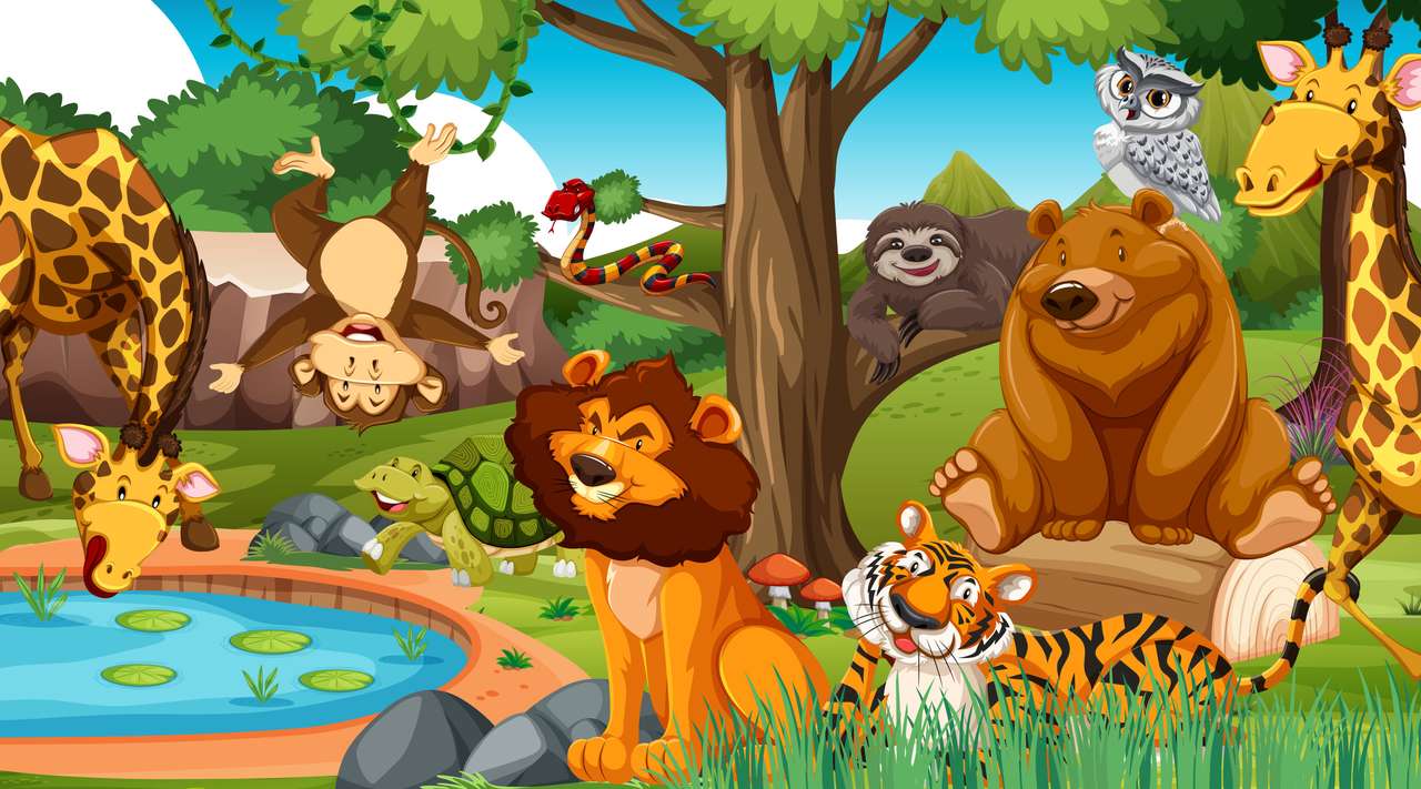 Dzikie zwierzęta w dżungli ilustracja puzzle online