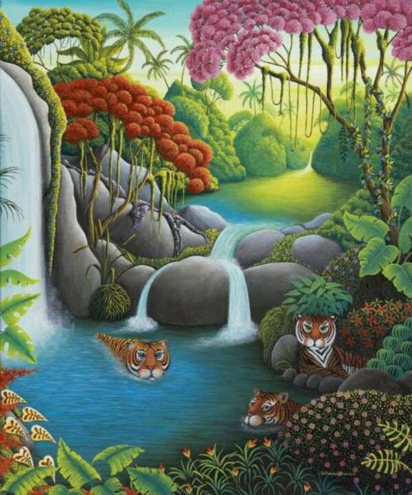 Krajobraz # 72 - Tigritos kąpiące się w egzotycznej dżungli puzzle online