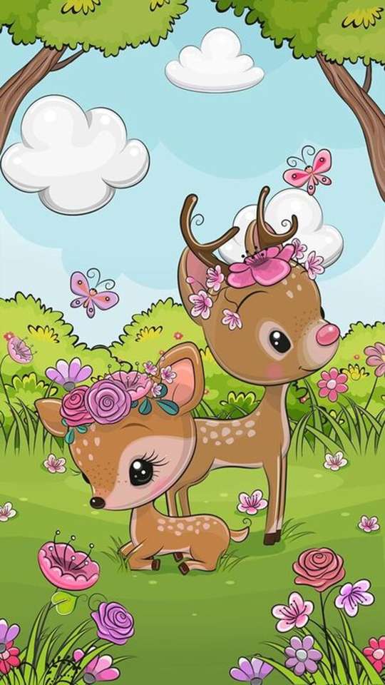 Słodkie dzieci Bambi wśród kwiatów puzzle online