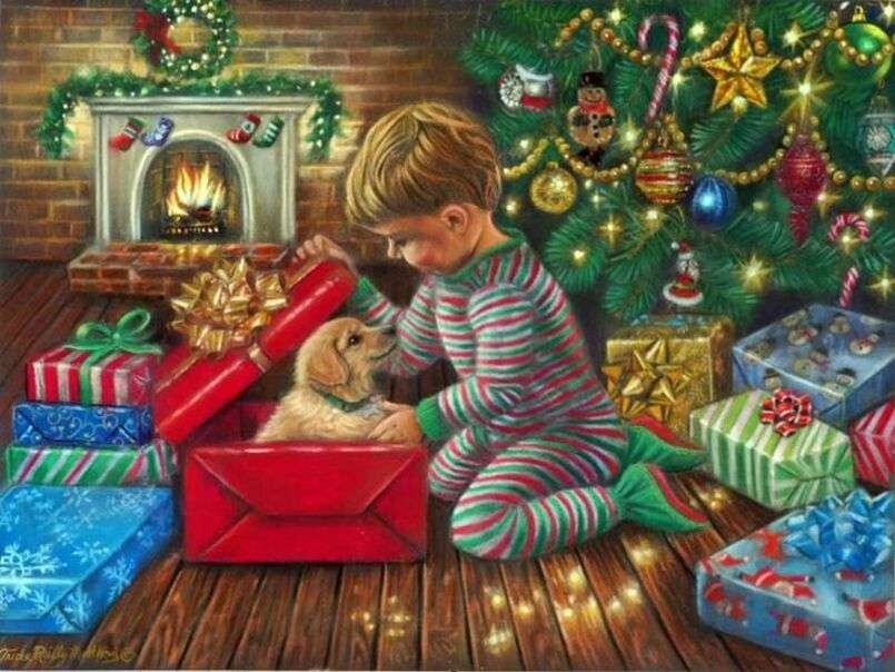 Boże Narodzenie # 48 - Dziecko otwiera prezenty świąteczne puzzle online