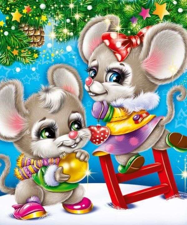 Boże Narodzenie # 49 - Para myszy dekoruje choinkę puzzle online