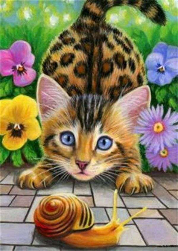 Kotek typu tygrys obserwujący ślimaka puzzle online