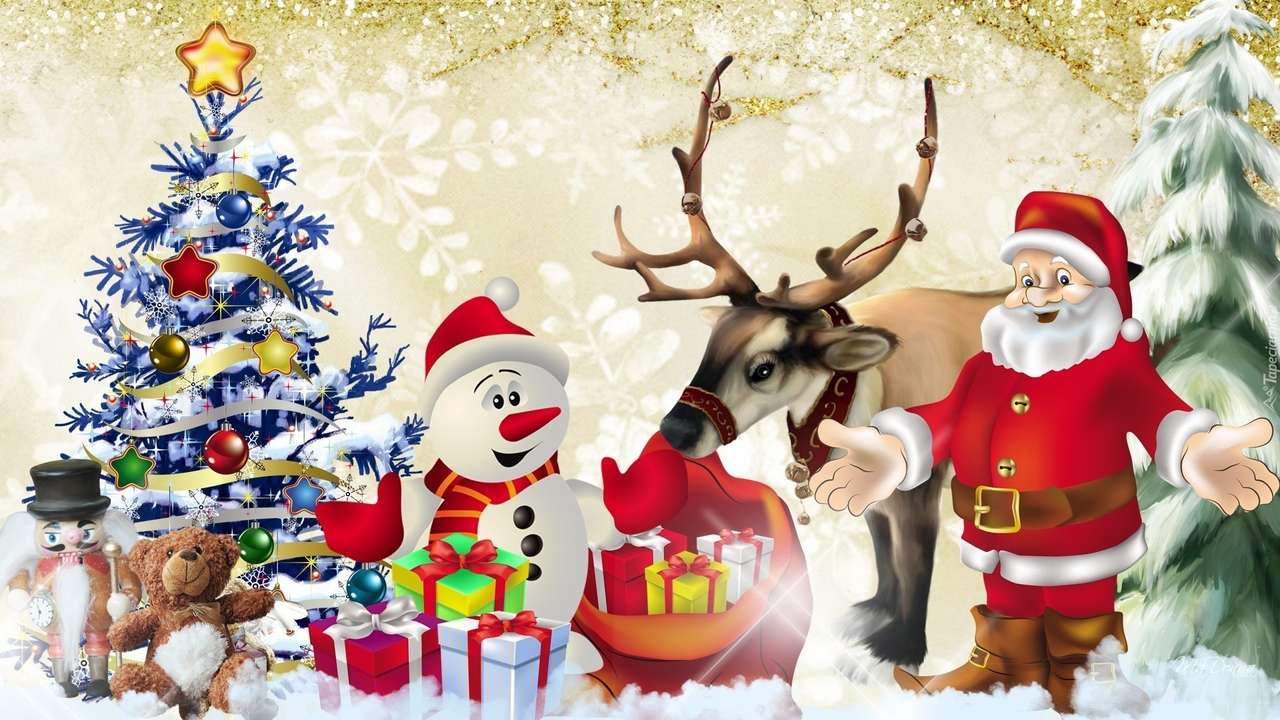 Święty Mikołaj,choinka i bałwan oraz renifer puzzle online