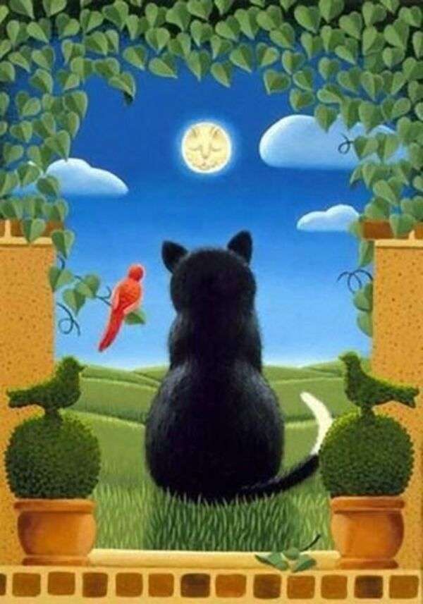Czarny kotek i mały ptaszek obserwujący księżyc puzzle online