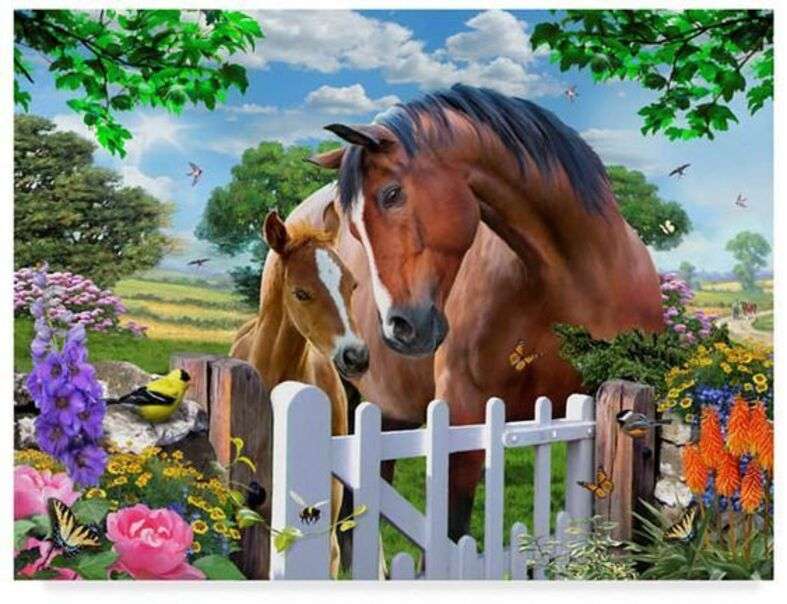 Słodki koń i kucyk w pobliżu kwiatów puzzle online
