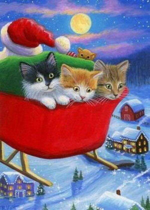 Boże Narodzenie # 52 - Święty Mikołaj w saniach z kociakami puzzle online