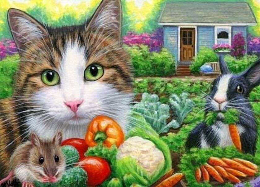 Kotek, Mysz i Królik wśród warzyw puzzle online