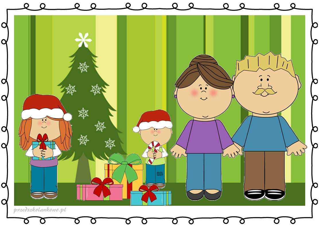 Rodzina przy choince z prezentami puzzle online