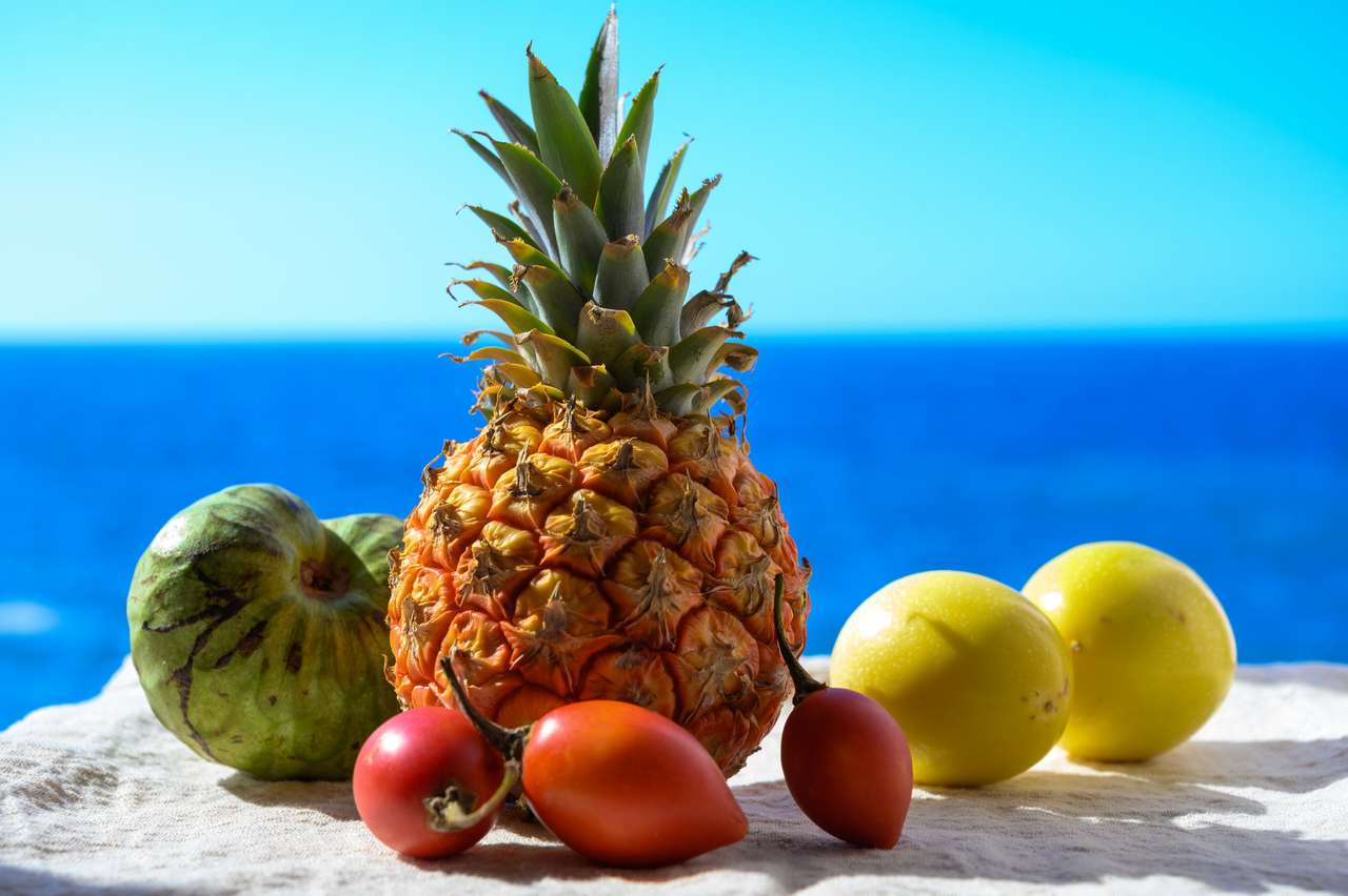 Kolekcja owoców tropikalnych, jabłko budyniowe lub zielona dojrzała cherymoia, marakuja, ananas, mango, egzotyczne owoce tamarillo na tle błękitnego morza w słoneczny dzień puzzle online