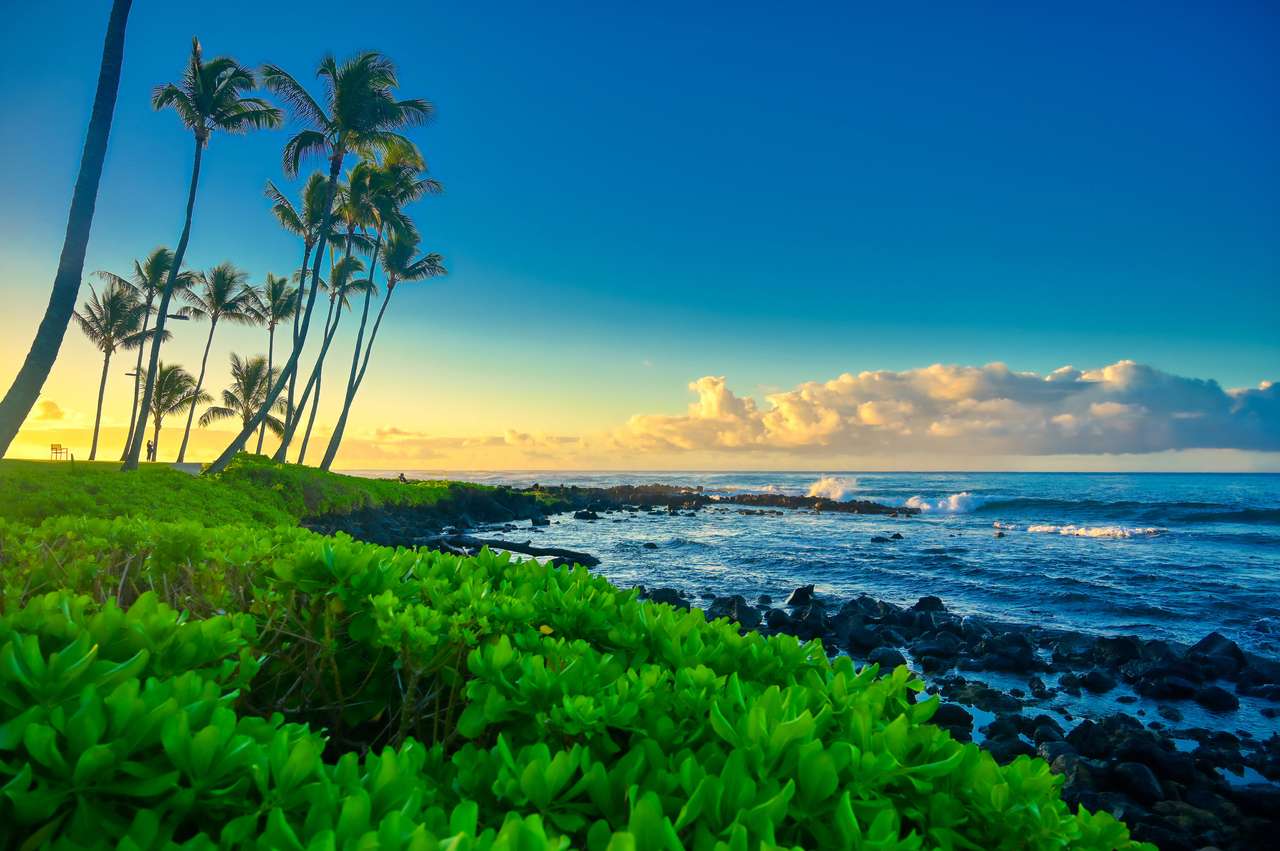 Wschód słońca nad plażą w Kauai na Hawajach puzzle online
