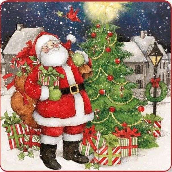 Boże Narodzenie # 57 - Święty Mikołaj kładzie prezenty na drzewie puzzle online