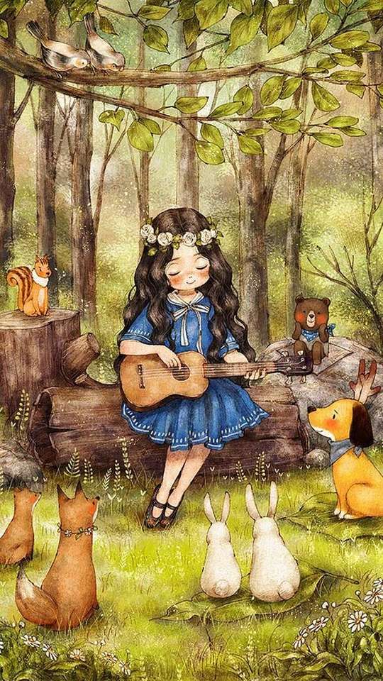 Dziewczyna śpiewająca z gitarą do zwierząt puzzle online
