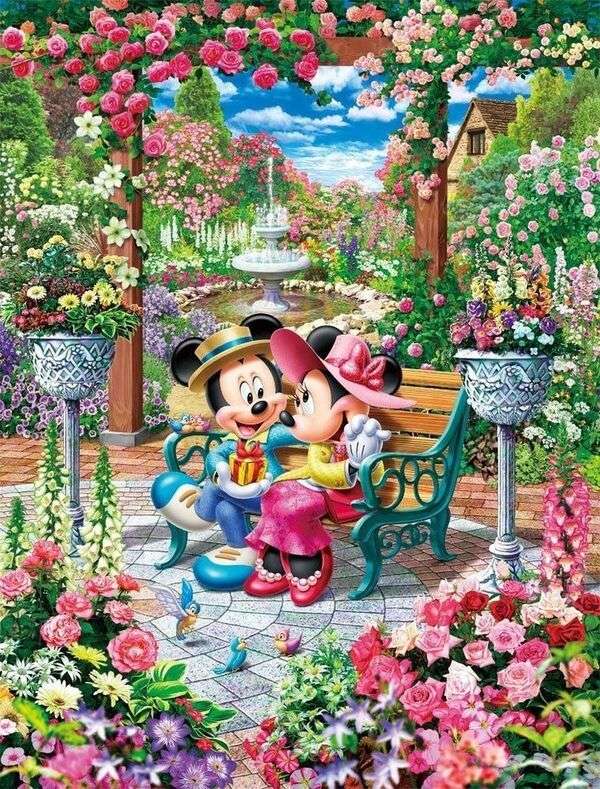 Mickey i MIni na randce w parku z kwiatami puzzle online