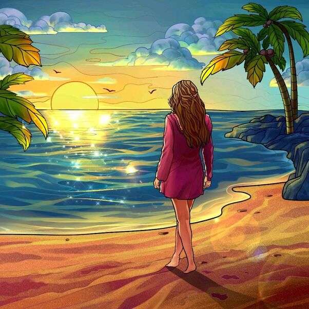 Meisje geniet van prachtige zonsondergang op het strand legpuzzel